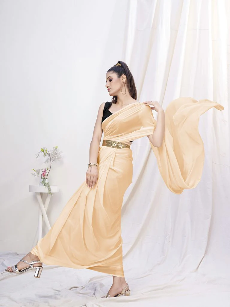 Classy Cream Pre-Stitched Blended Silk Saree
