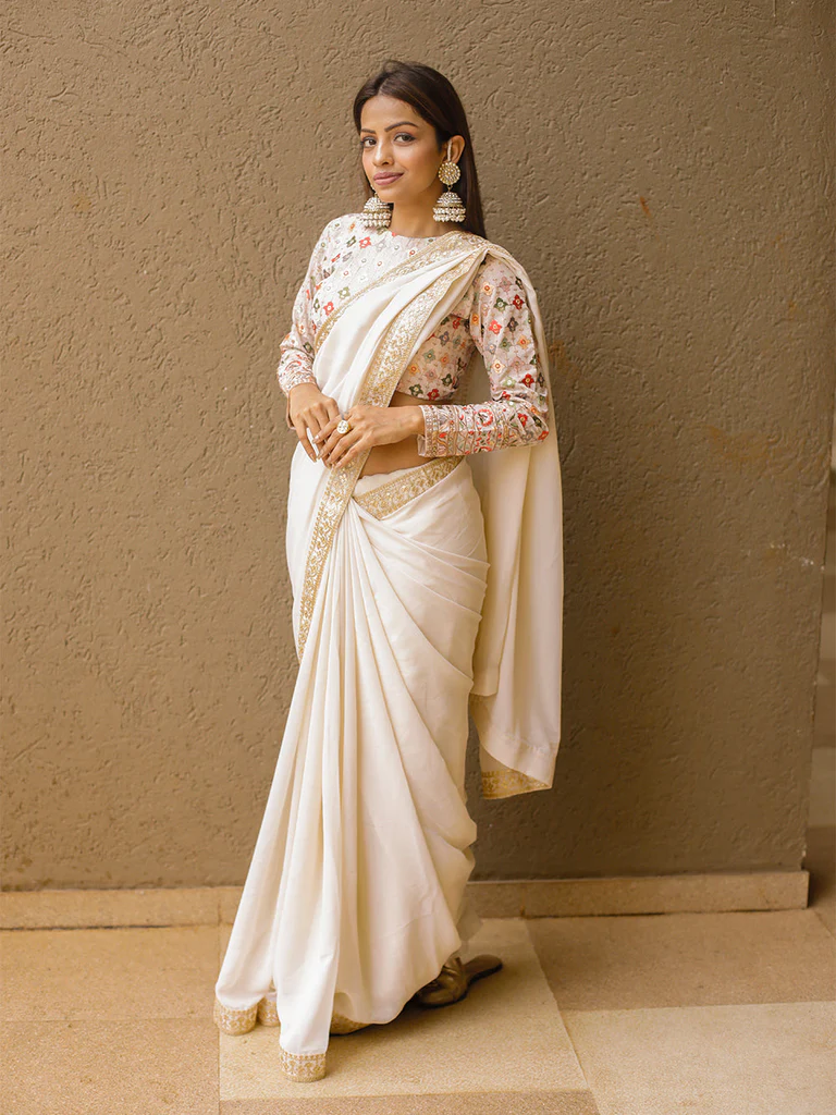 Cream Color Sequins & Thread Embroidery Border Work Georgette Saree