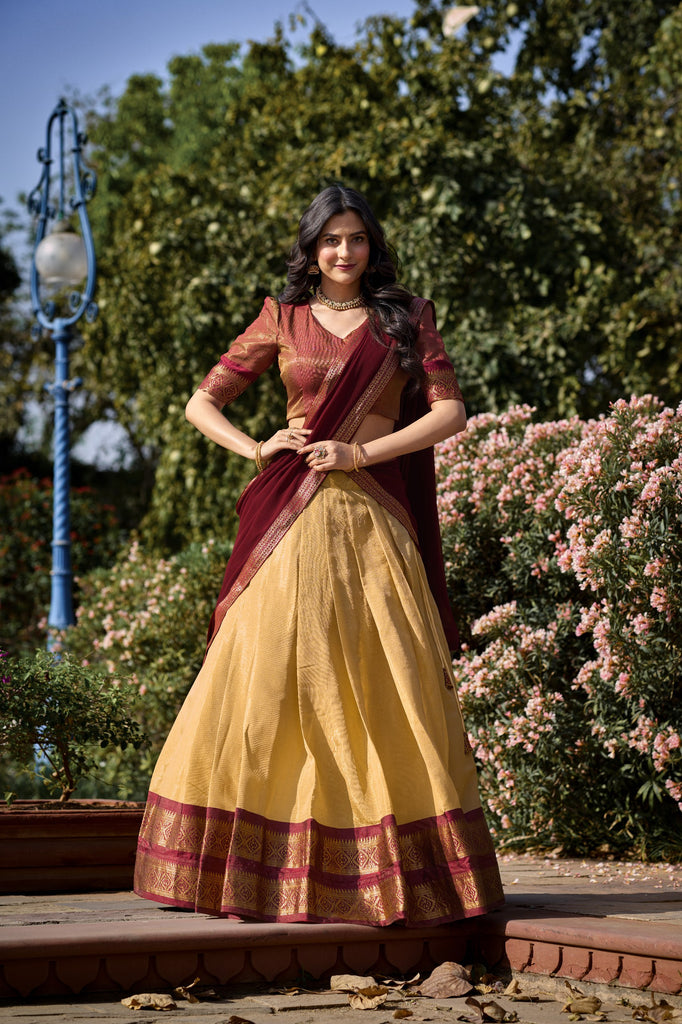 Unveiling Elegance: A Look into the South-Indian Kanchipuram Lehenga Collection 6 Unveiling Elegance: A Look into the South-Indian Kanchipuram Lehenga Collection