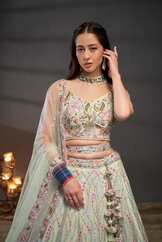 Sparkling Lime Green: A Modern Fairytale in a Lehenga Choli Set 1 Lime Green Chiffon Mirror Work Lehenga Choli Set with Heavy Zari & Sequin Embroidery