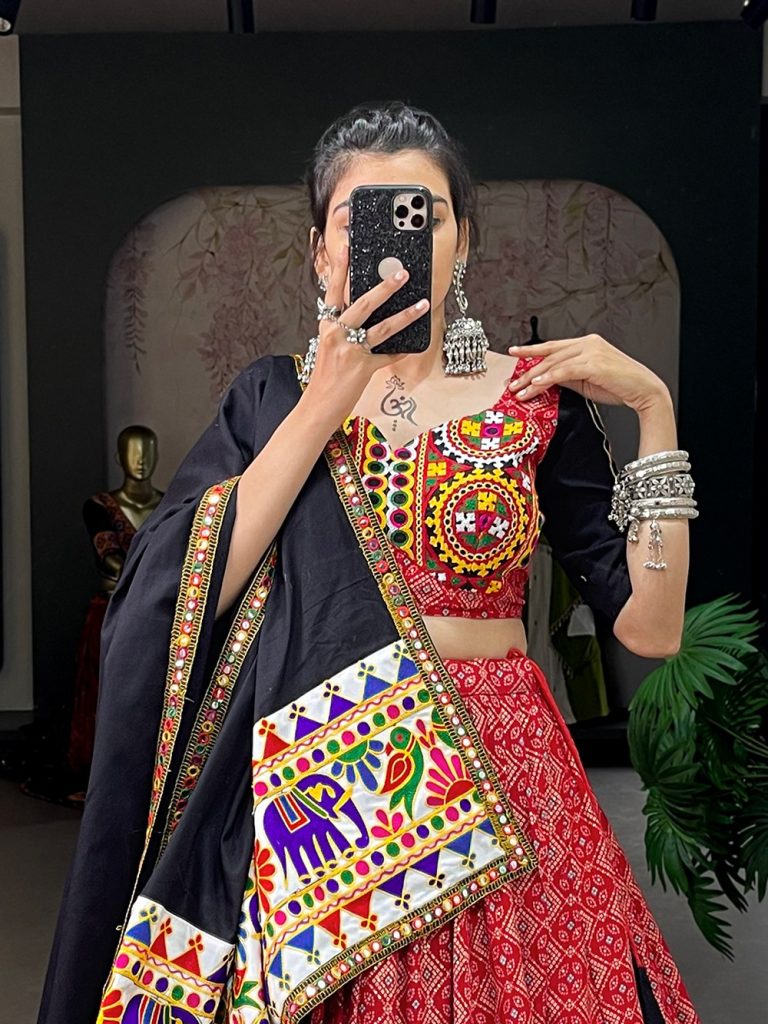 Navratri Collection 2024: Dance the Night Away in Stunning Style 1 Red Color Printed And Gamthi Work With Mirror Work Cotton Chaniya Choli