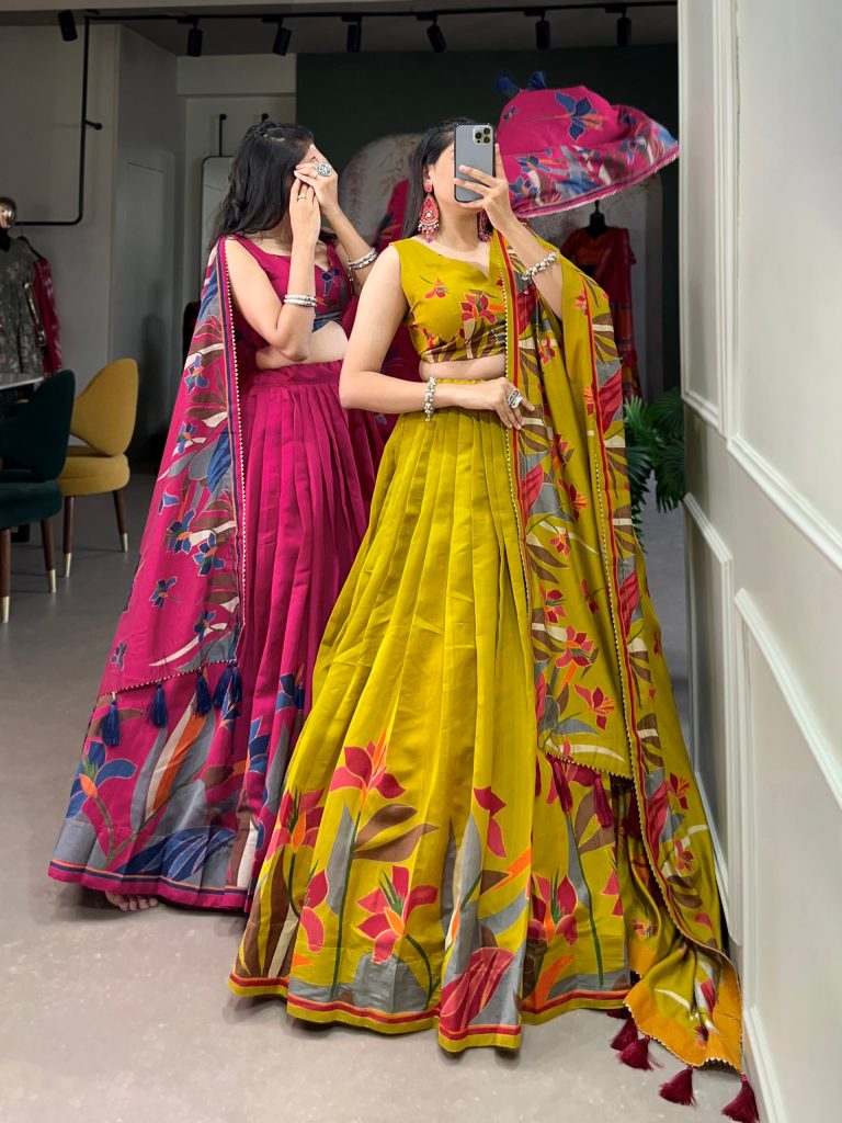 Exquisite Floral Fantasy: Embrace Elegance in the Mustard or Rani Pink Lehenga Choli 1 Mustard Floral Lehenga Choli with Foil Print & Gotta Patti Dupatta