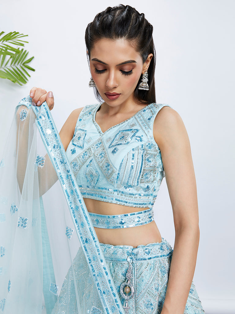 Turquoise Blue Embroidered Net Lehenga Choli Set with Cutdana, Zardosi & Sequins