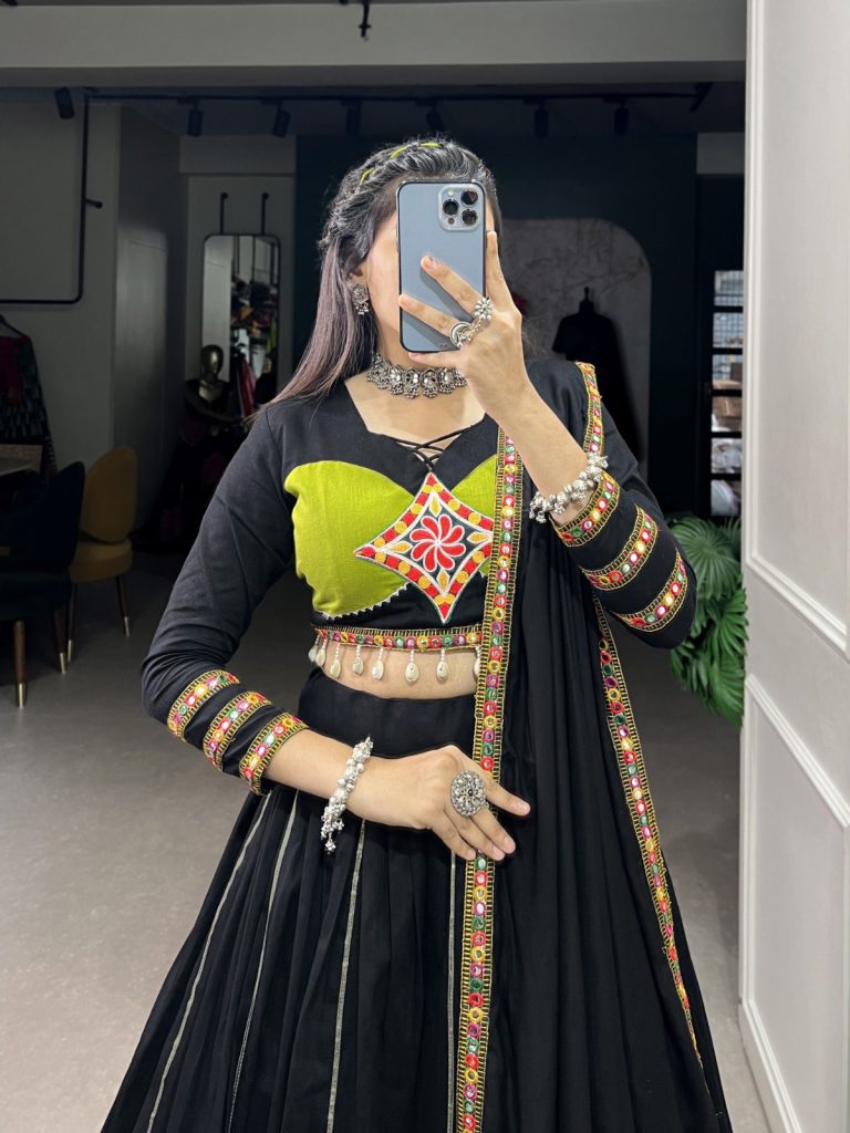 Black Navratri Lehenga: A Modern Twist on Tradition 1 Black Lehenga Set with Gamthi Patchwork and Gota Patti