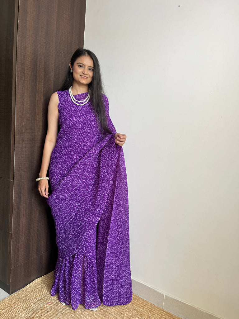 Embrace Effortless Elegance with the Purple Faux Georgette Saree Gown Featuring Bandhani Print 1 Purple Faux Georgette Saree Gown with Bandhani Print