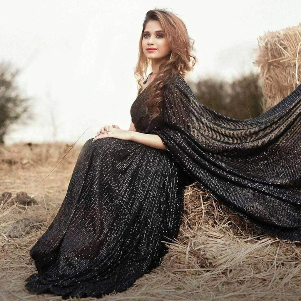 Elegance Redefined: Black Georgette Saree with Heavy Sequence Work for a Show-Stopping Look 1 black georgette saree, heavy sequence work saree, party wear saree, georgette saree with embroidery, Bangalore silk blouse, black sequence work saree, elegant saree for parties, designer georgette saree, heavy embroidery saree, stylish saree for special occasions