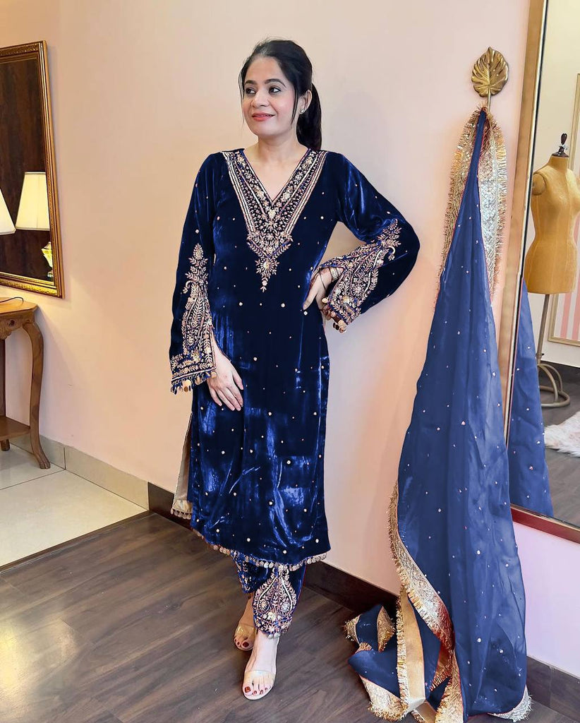 Find Your Perfect Match: The Ultimate Guide to Salwar Suit Online Shopping 1 Blue Heavy Pure Viscose Velvet Top with Plazzo & Dupatta Set - Embroidery, Sequence Work, and Rivet Moti Accents